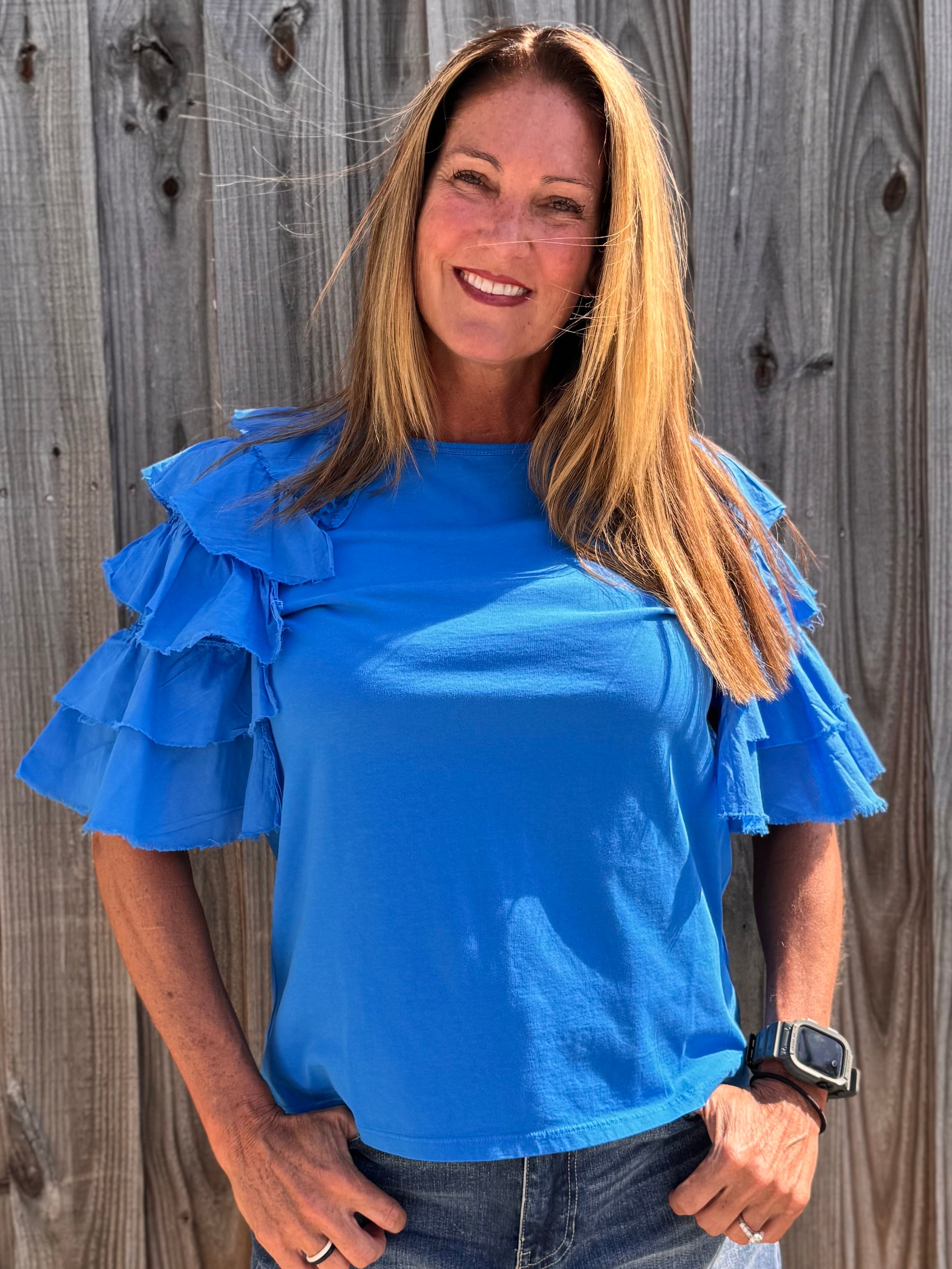 Royal Blue Ruffle sleeve tee, women's tiered sleeve top, flutter sleeve blouse, Zenara fashion, elbow length ruffle top, feminine casual wear, elegant knit tee, boutique ruffle top. at ooh la la! in Grapevine TX 76051