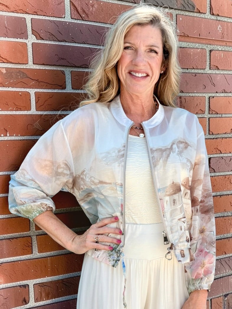 Santorini Print Sheer Bomber Jacket in beige at ooh la la! in Grapevine TX 76051