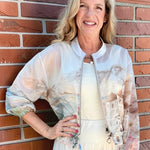 Santorini Print Sheer Bomber Jacket in beige at ooh la la! in Grapevine TX 76051