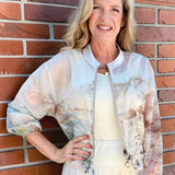 Santorini Print Sheer Bomber Jacket in beige at ooh la la! in Grapevine TX 76051