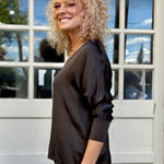 Satin Long Sleeve V-Neck Blouse In brown at ooh la la! In Grapevine TX 76051