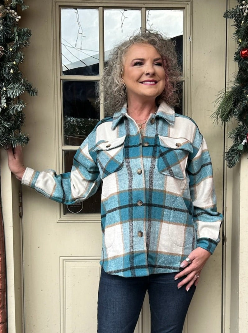Plaid Flannel Shacket in Pink at ooh la la! in Grapevine TX 76051