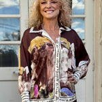 Satin Village Print Long Sleeve Blouse in brown at ooh la la! in Grapevine TX 76051