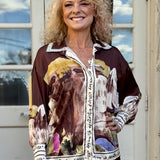 Satin Village Print Long Sleeve Blouse in brown at ooh la la! in Grapevine TX 76051