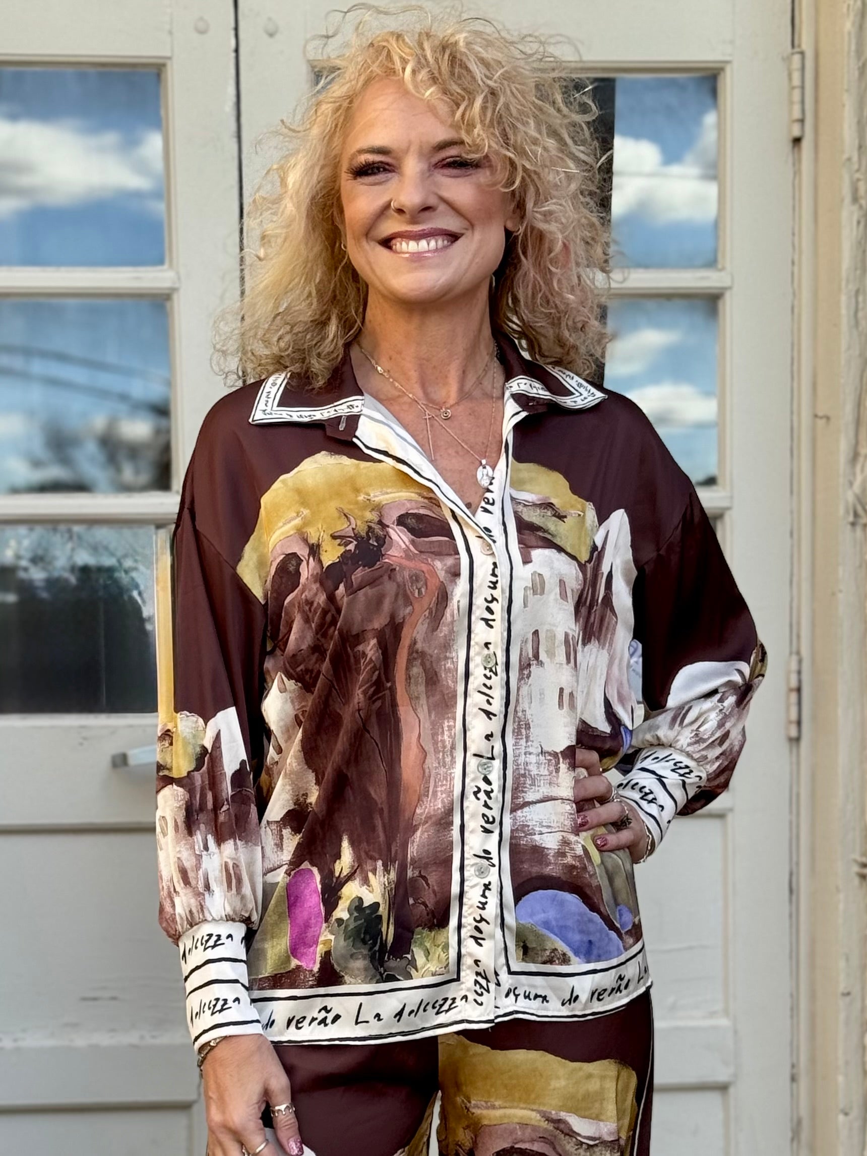 Satin Village Print Long Sleeve Blouse in brown at ooh la la! in Grapevine TX 76051
