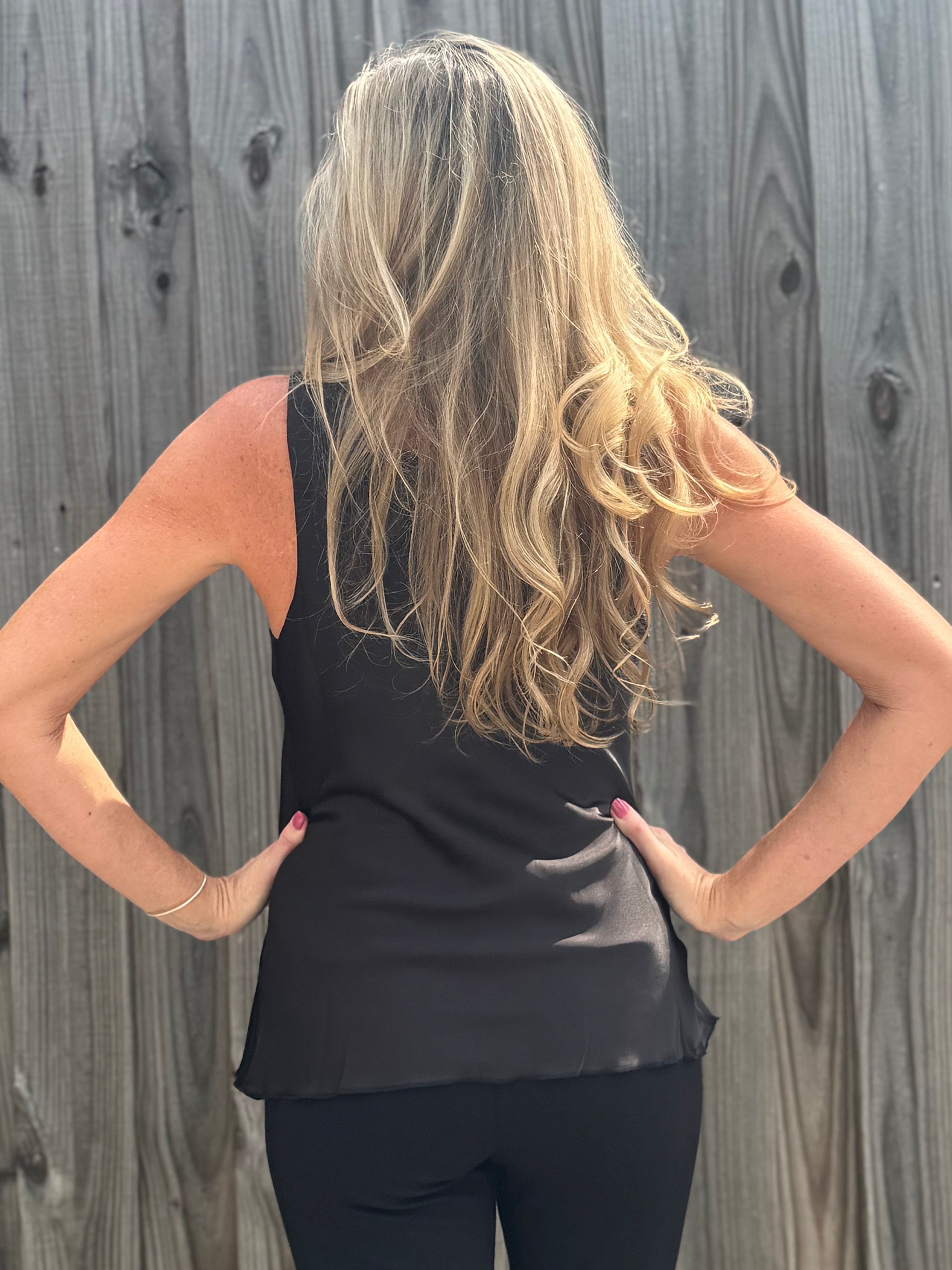 Molly Bracken satin draped neck top in black at ooh la la! in Grapevine TX 76051