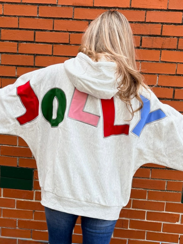 Holly Jolly Appliques Hooded One Size Sweatshirt in ash grey at ooh la la! in Grapevine TX 76051