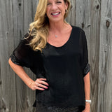 Short Sleeve Silk Sequin Trim Blouse