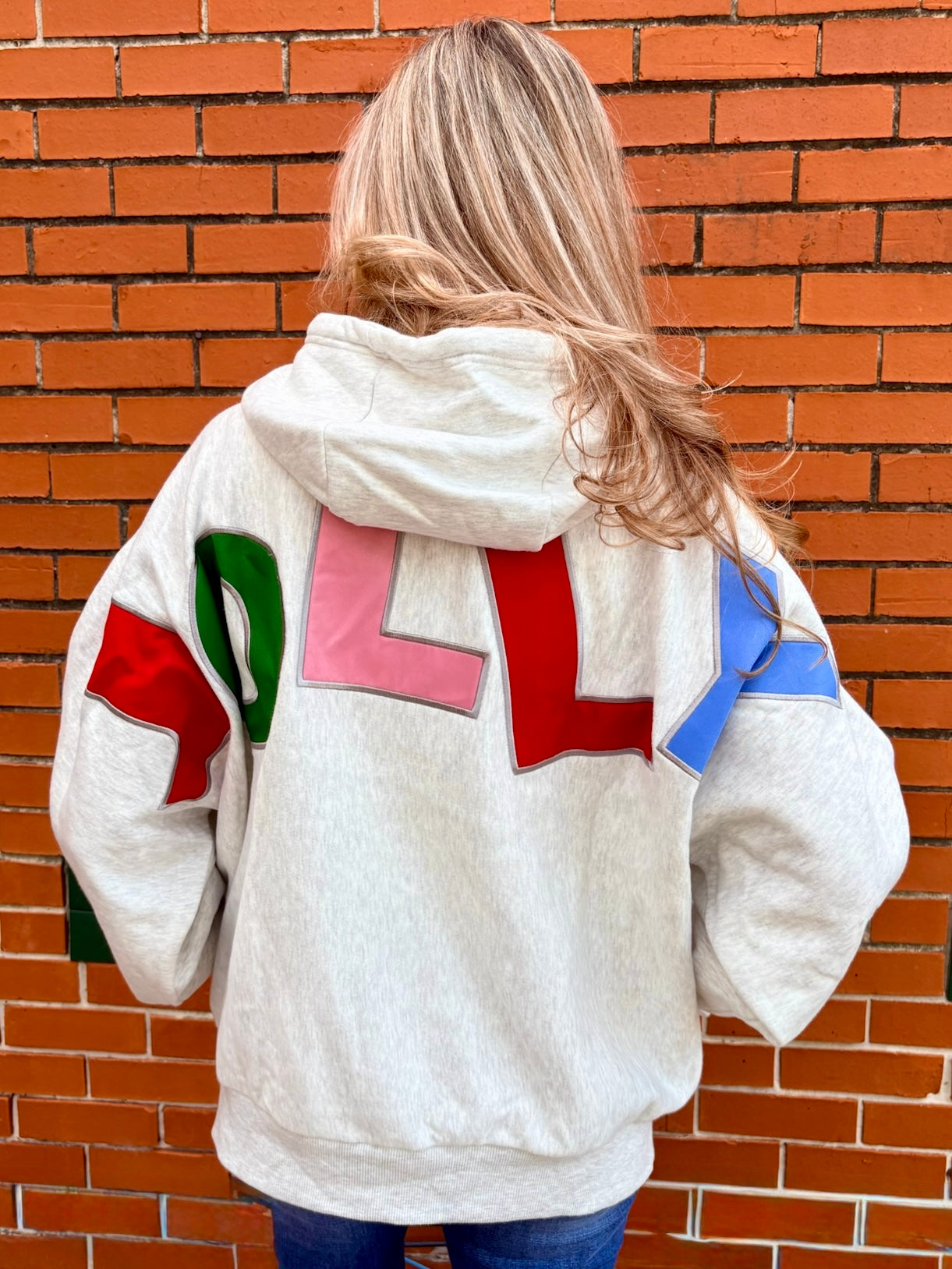 Holly Jolly Appliques Hooded One Size Sweatshirt in ash grey at ooh la la! in Grapevine TX 76051
