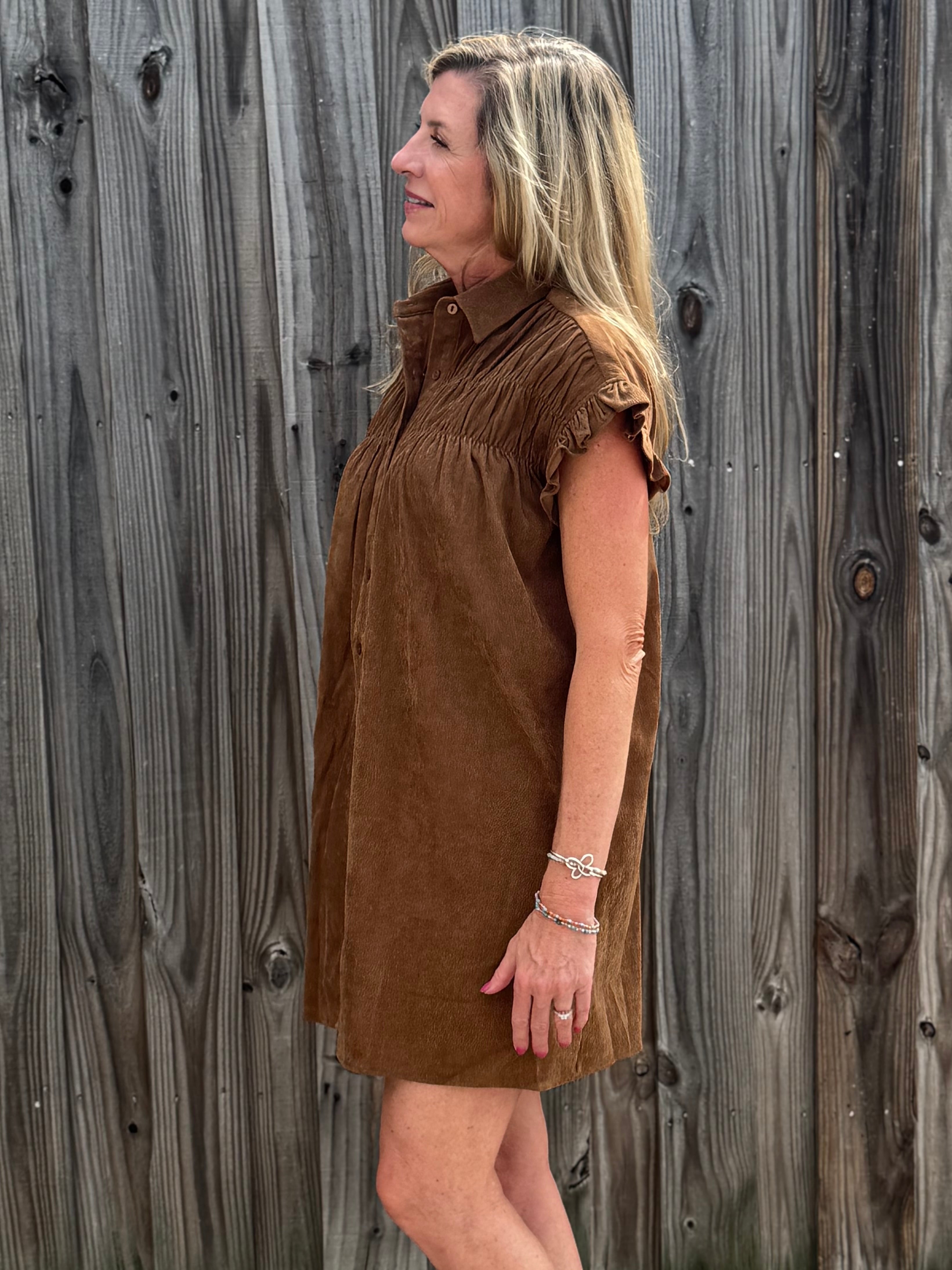 Molly Bracken Corduroy Ruffle Sleeve Shirt Dress in camel at ooh la la! in Grapevine TX 76051