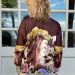 Satin Village Print Long Sleeve Blouse in brown at ooh la la! in Grapevine TX 76051