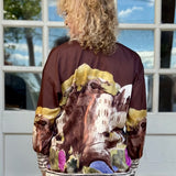 Satin Village Print Long Sleeve Blouse in brown at ooh la la! in Grapevine TX 76051