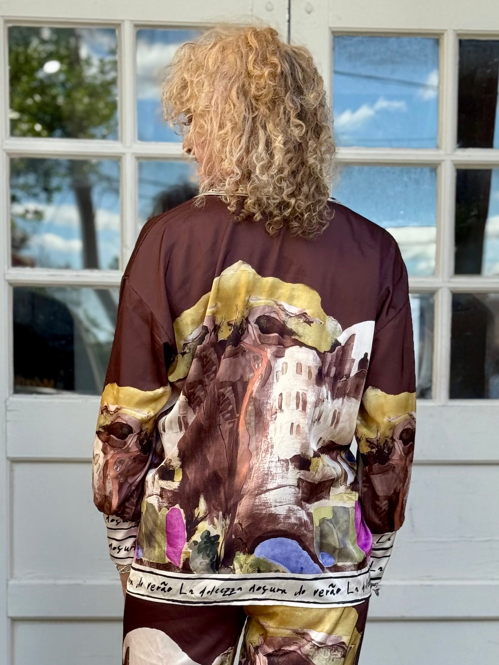 Satin Village Print Long Sleeve Blouse in brown at ooh la la! in Grapevine TX 76051