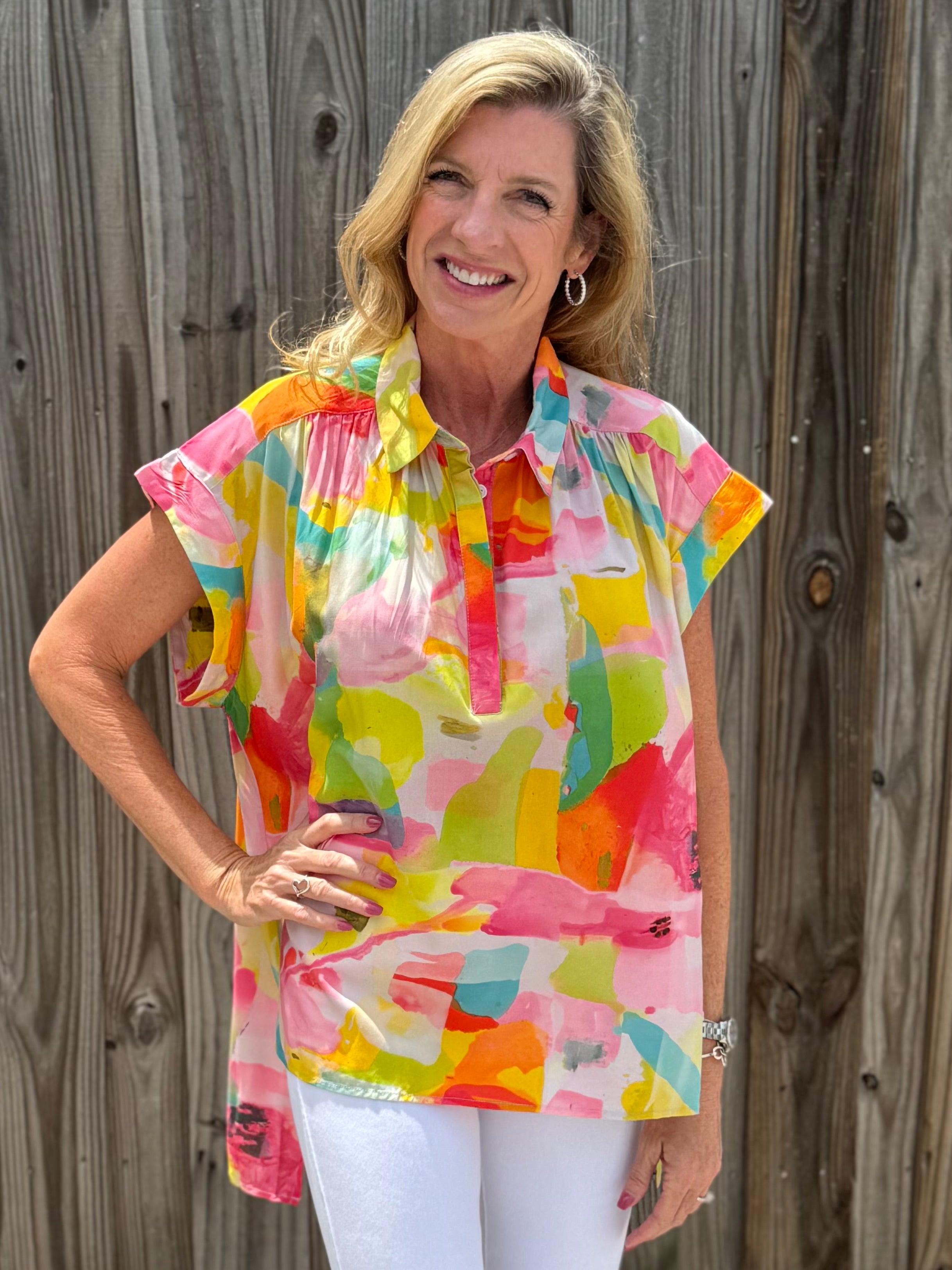 Flamingo Abstract Cap Sleeve Hi Lo Top