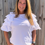 White Ruffle sleeve tee, women's tiered sleeve top, flutter sleeve blouse, Zenara fashion, elbow length ruffle top, feminine casual wear, elegant knit tee, boutique ruffle top. at ooh la la! in Grapevine TX 76051