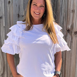 White Ruffle sleeve tee, women's tiered sleeve top, flutter sleeve blouse, Zenara fashion, elbow length ruffle top, feminine casual wear, elegant knit tee, boutique ruffle top. at ooh la la! in Grapevine TX 76051