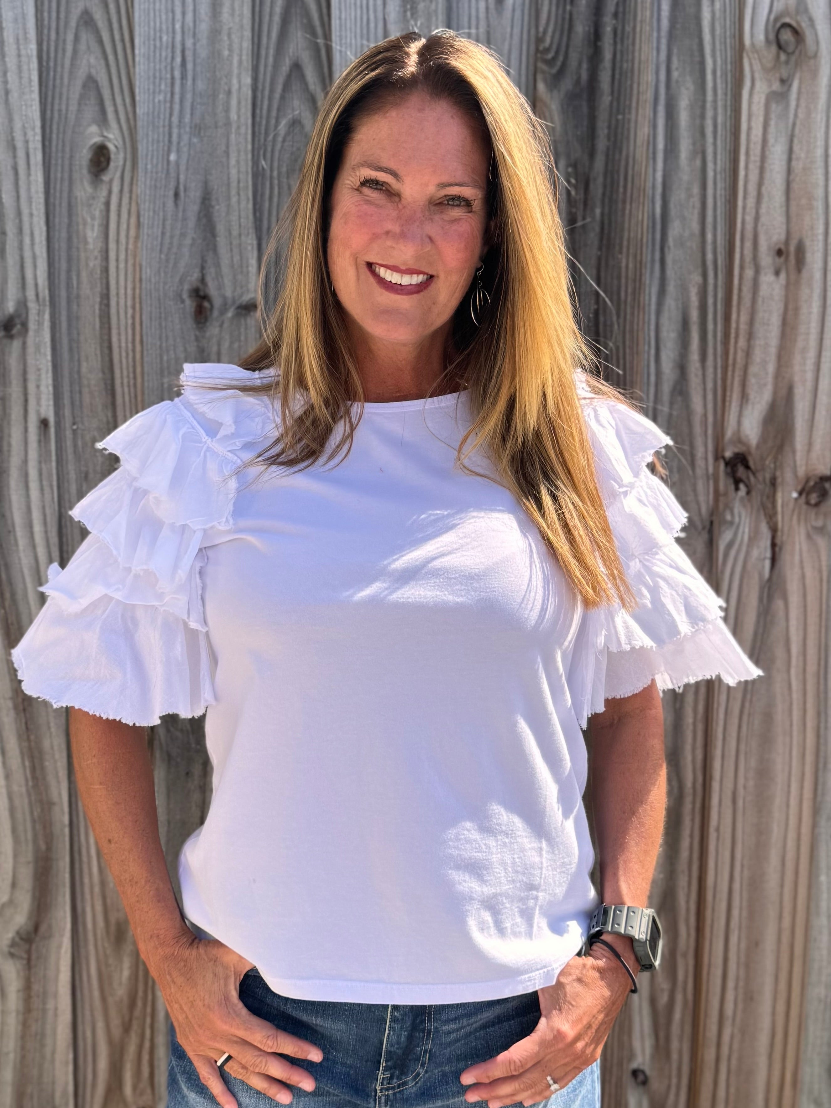 White Ruffle sleeve tee, women's tiered sleeve top, flutter sleeve blouse, Zenara fashion, elbow length ruffle top, feminine casual wear, elegant knit tee, boutique ruffle top. at ooh la la! in Grapevine TX 76051