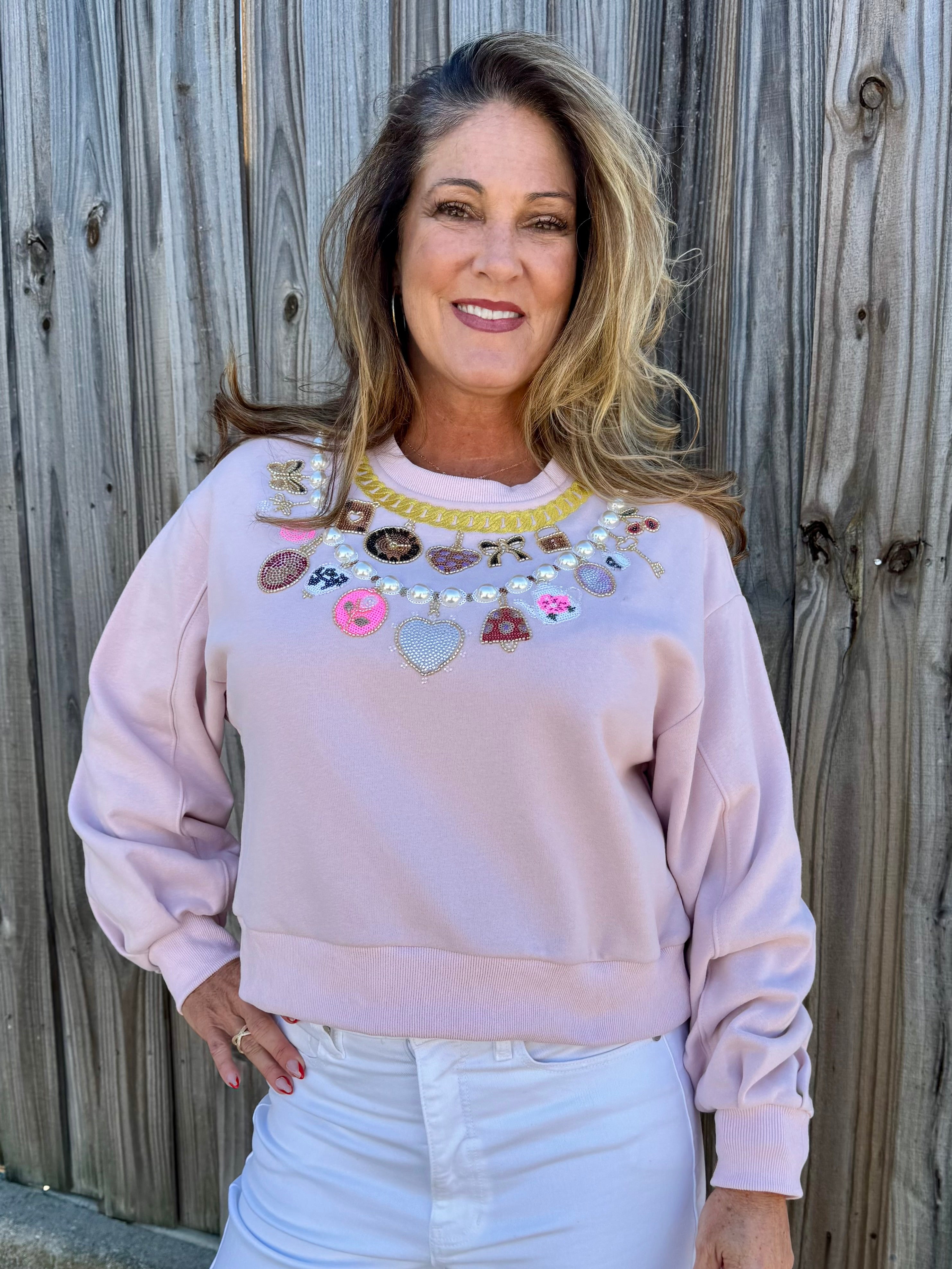 Queen of Sparkles Pearl & Chain Valentine's Day Charm Necklace Sweatshirt at ooh la la! in Grapevine TX 76051