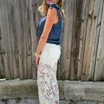 High Rise Wide Leg Lace Denim Jeans With Rhinestones - White at ooh la la! in Grapevine TX 76051