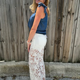 High Rise Wide Leg Lace Denim Jeans With Rhinestones - White at ooh la la! in Grapevine TX 76051