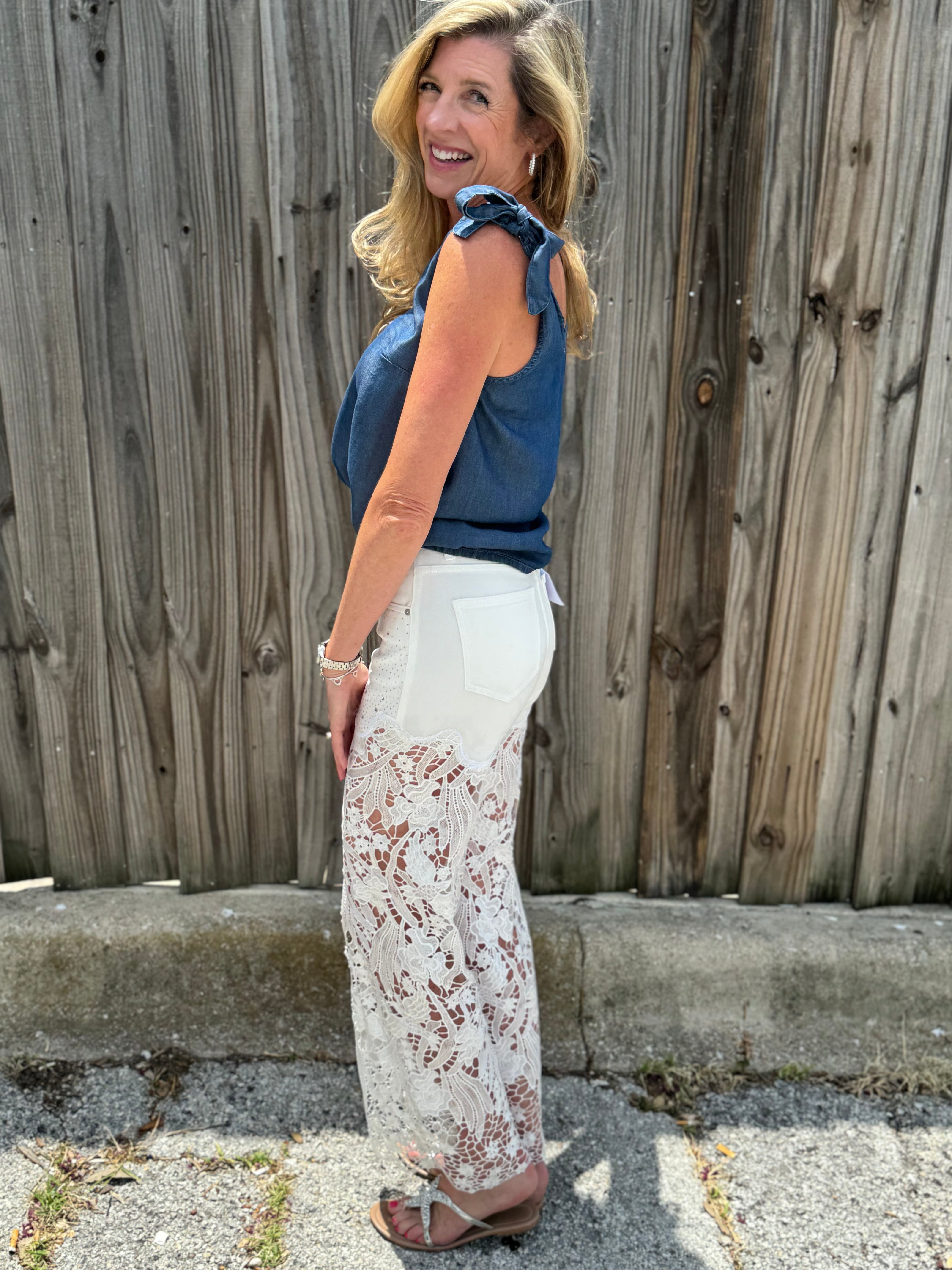 High Rise Wide Leg Lace Denim Jeans With Rhinestones - White at ooh la la! in Grapevine TX 76051
