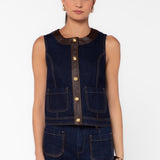 Velvet Heart Cleo dark navy denim vest with brown leather trim and gold buttons