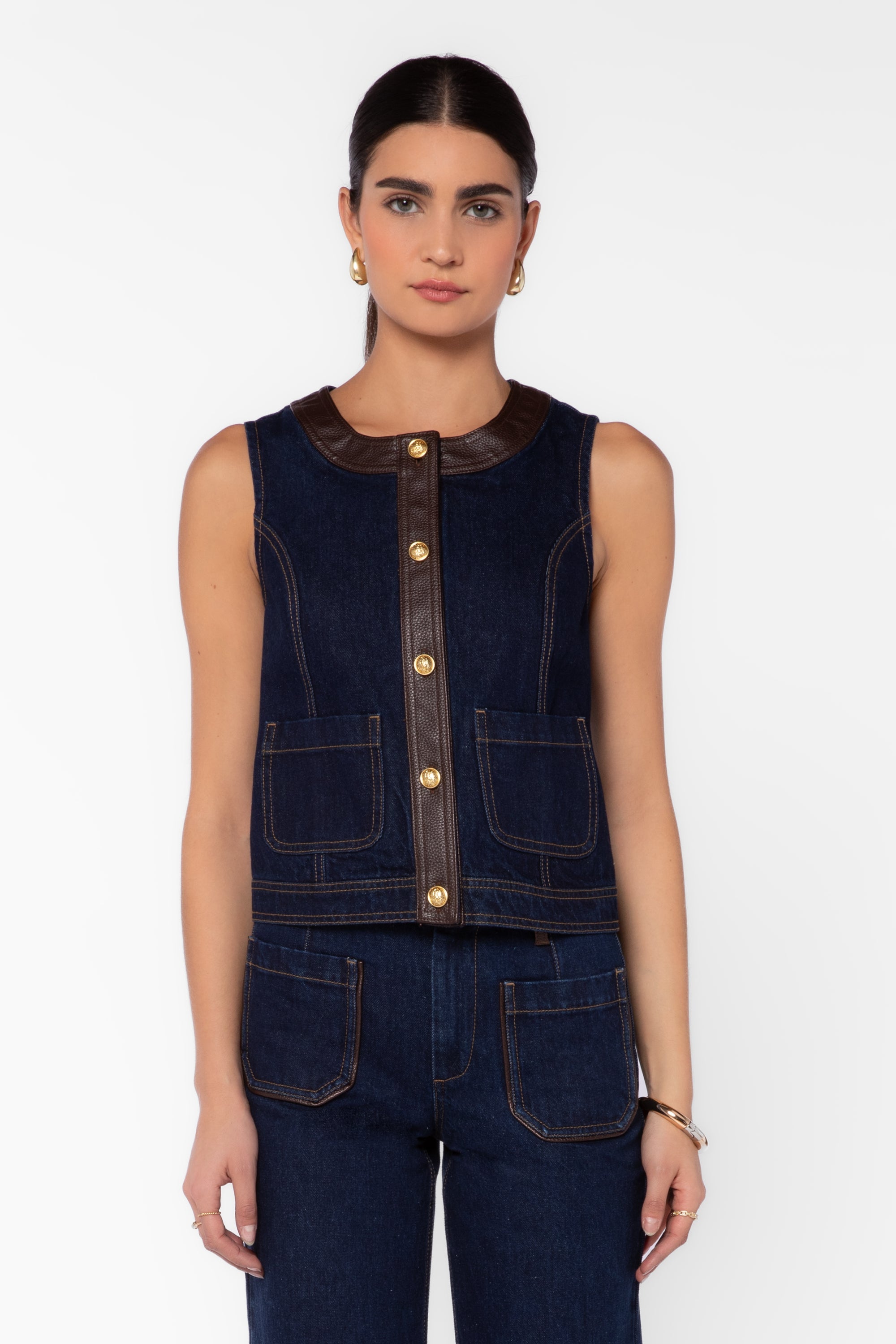 Velvet Heart Cleo dark navy denim vest with brown leather trim and gold buttons