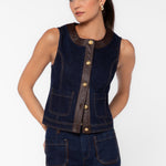 Velvet Heart Cleo dark navy denim vest with brown leather trim and gold buttons
