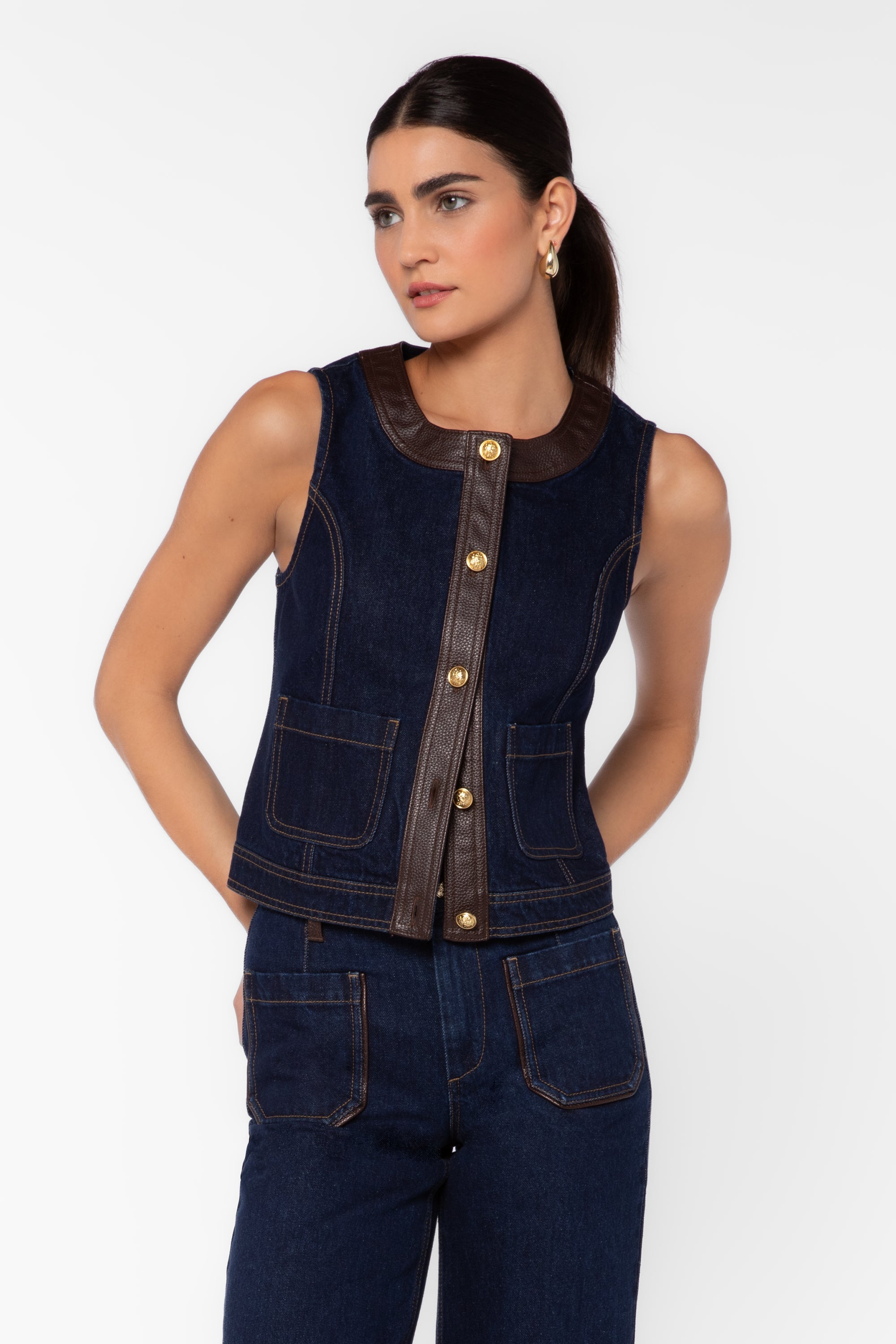 Velvet Heart Cleo dark navy denim vest with brown leather trim and gold buttons
