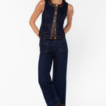 Velvet Heart Cleo dark blue denim vest with brown leather trim and gold buttons