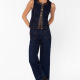 Velvet Heart Cleo dark blue denim vest with brown leather trim and gold buttons