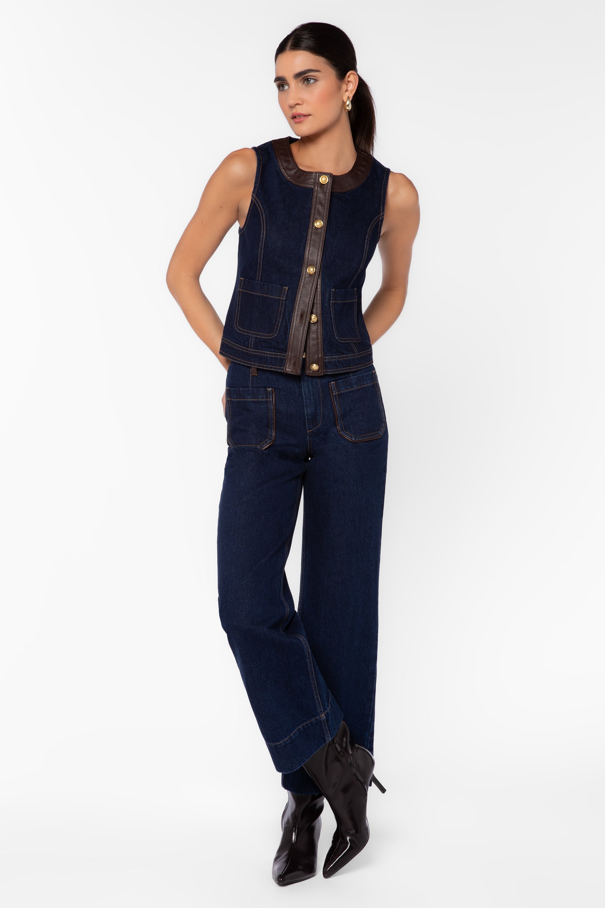 Velvet Heart Cleo dark blue denim vest with brown leather trim and gold buttons