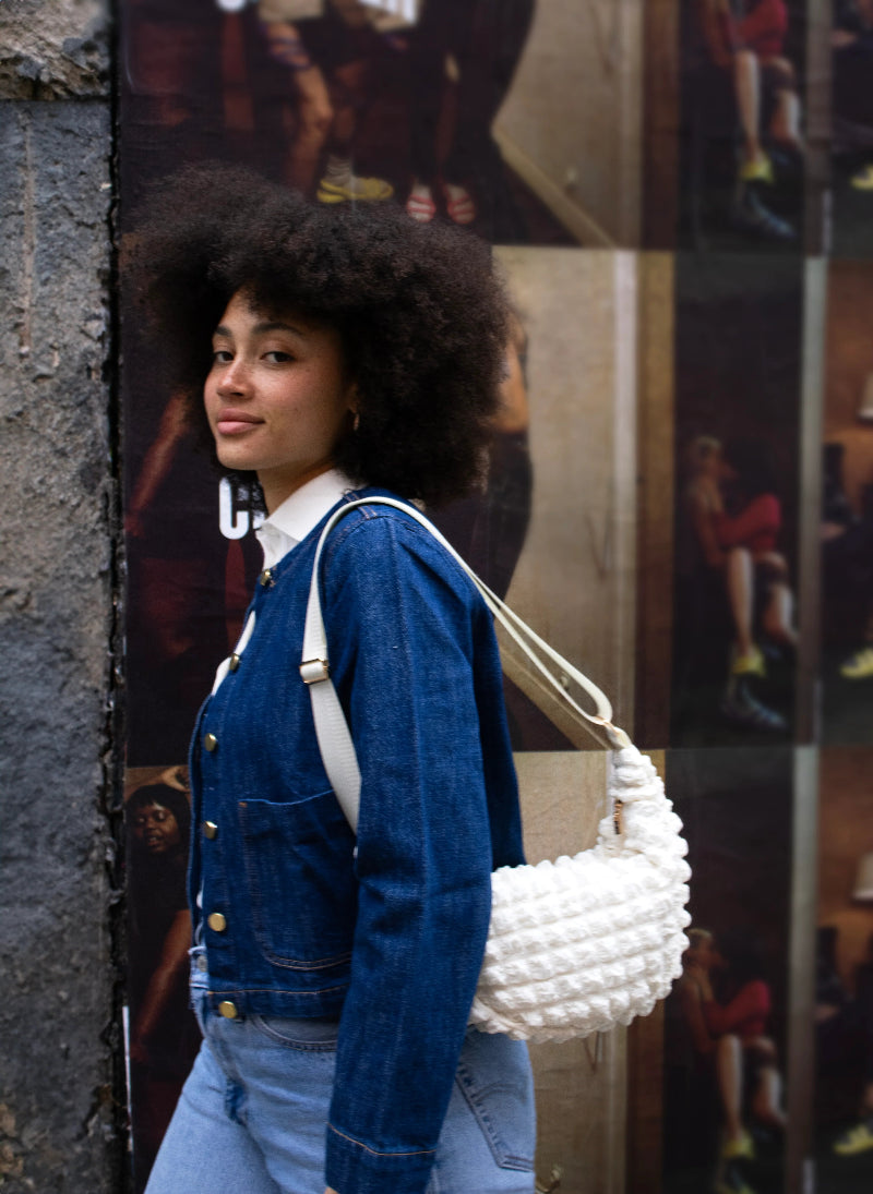 Kind Bag London - Puff Crescent Crossbody Bag in cream at ooh la la! in Grapevine TX 76051