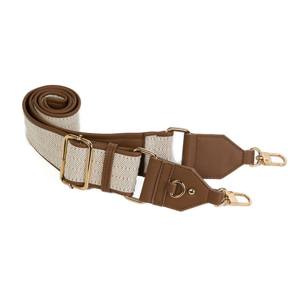 Wanderfull HydroBag Handle strap in dark oatmeal canvas with brown vegan leather and gold hardware