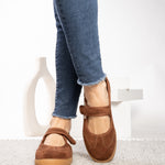 Corky's Calm Down Maryjane Sneaker in chestnut brown suede with gum sole, worn with jeans at ooh la la! in Grapevine TX 76051