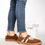 Corky's Calm Down Maryjane Sneaker in chestnut brown suede with cream stripe and velcro strap at ooh la la! in Grapevine TX 76051