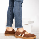 Corky's Calm Down Maryjane Sneaker in chestnut brown suede with cream stripe and velcro strap at ooh la la! in Grapevine TX 76051