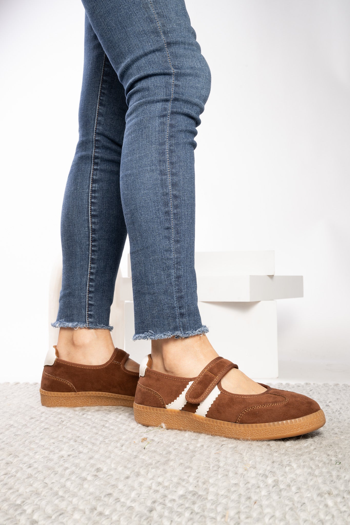 Corky's Calm Down Maryjane Sneaker in chestnut brown suede with cream stripe and velcro strap at ooh la la! in Grapevine TX 76051