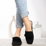 Corky's Just A Sip Flat Mule with Floral Details - Black Faux Suede at ooh la la! in Grapevine TX 76051