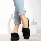 Corky's Just A Sip Flat Mule with Floral Details - Black Faux Suede at ooh la la! in Grapevine TX 76051