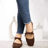 Corky's Hey Girl Brand Layover chocolate brown suede Mary Jane flat with bow strap detail at ooh la la! in Grapevine TX 76051