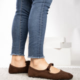 Corky's Hey Girl Brand Layover chocolate brown suede Mary Jane flat with bow strap detail at ooh la la! in Grapevine TX 76051