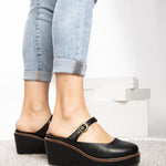 Corky's Me Time black wedge clog with gold buckle strap and platform sole