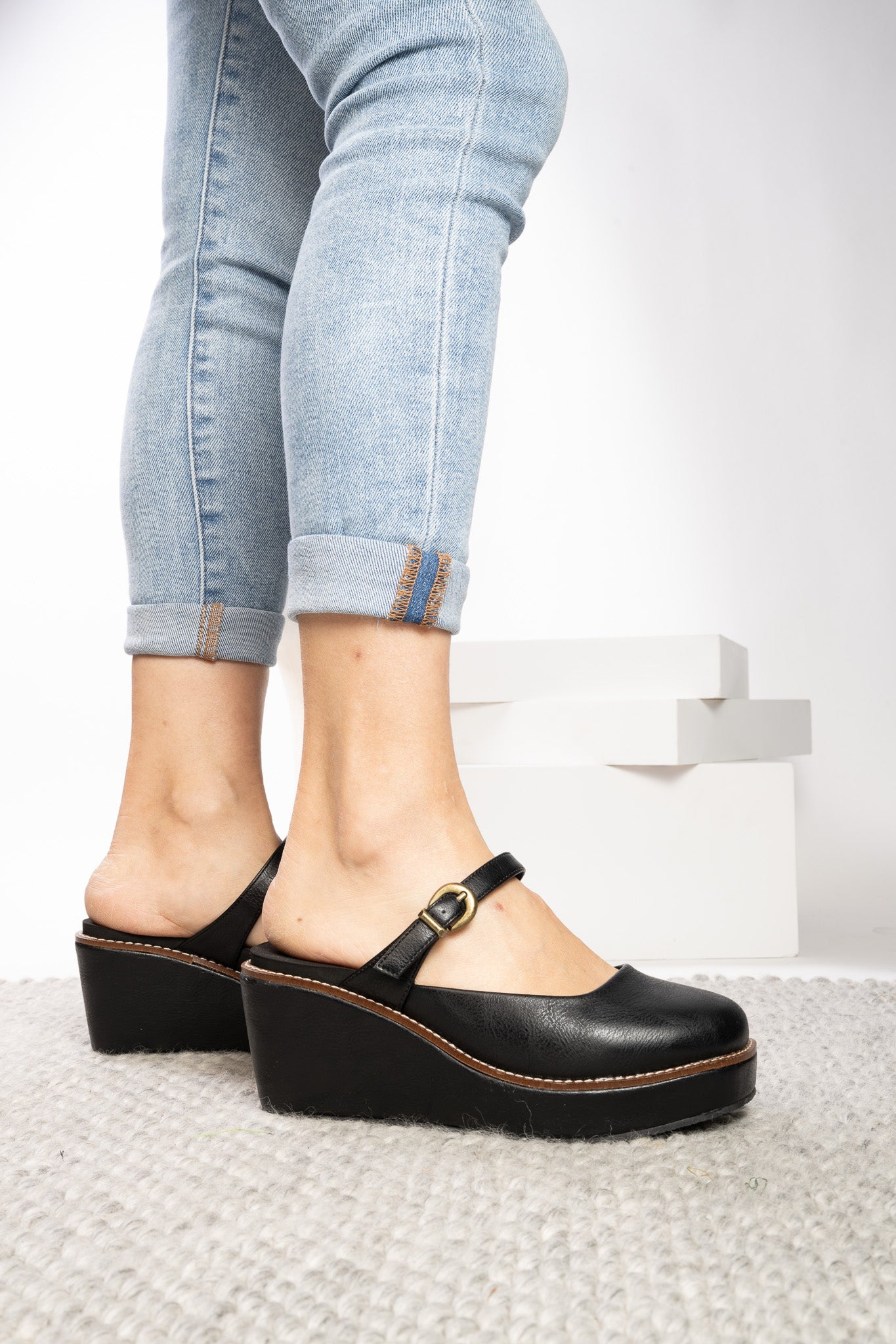 Corky's Me Time black wedge clog with gold buckle strap and platform sole