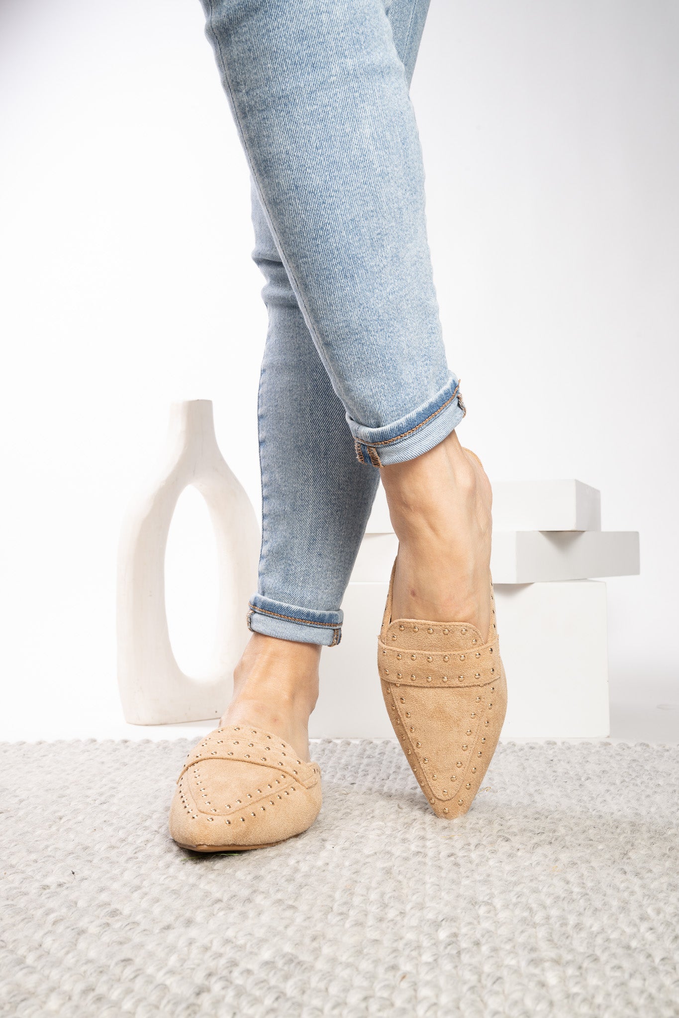 Corky's Mischief Pointed Toe Studded Flat Mule - Camel Faux Suede at ooh la la in Grapevine TX 76051