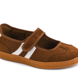 Corky's Calm Down Maryjane Sneaker in chestnut brown suede with cream stripe and velcro strap at ooh la la! in Grapevine TX 76051