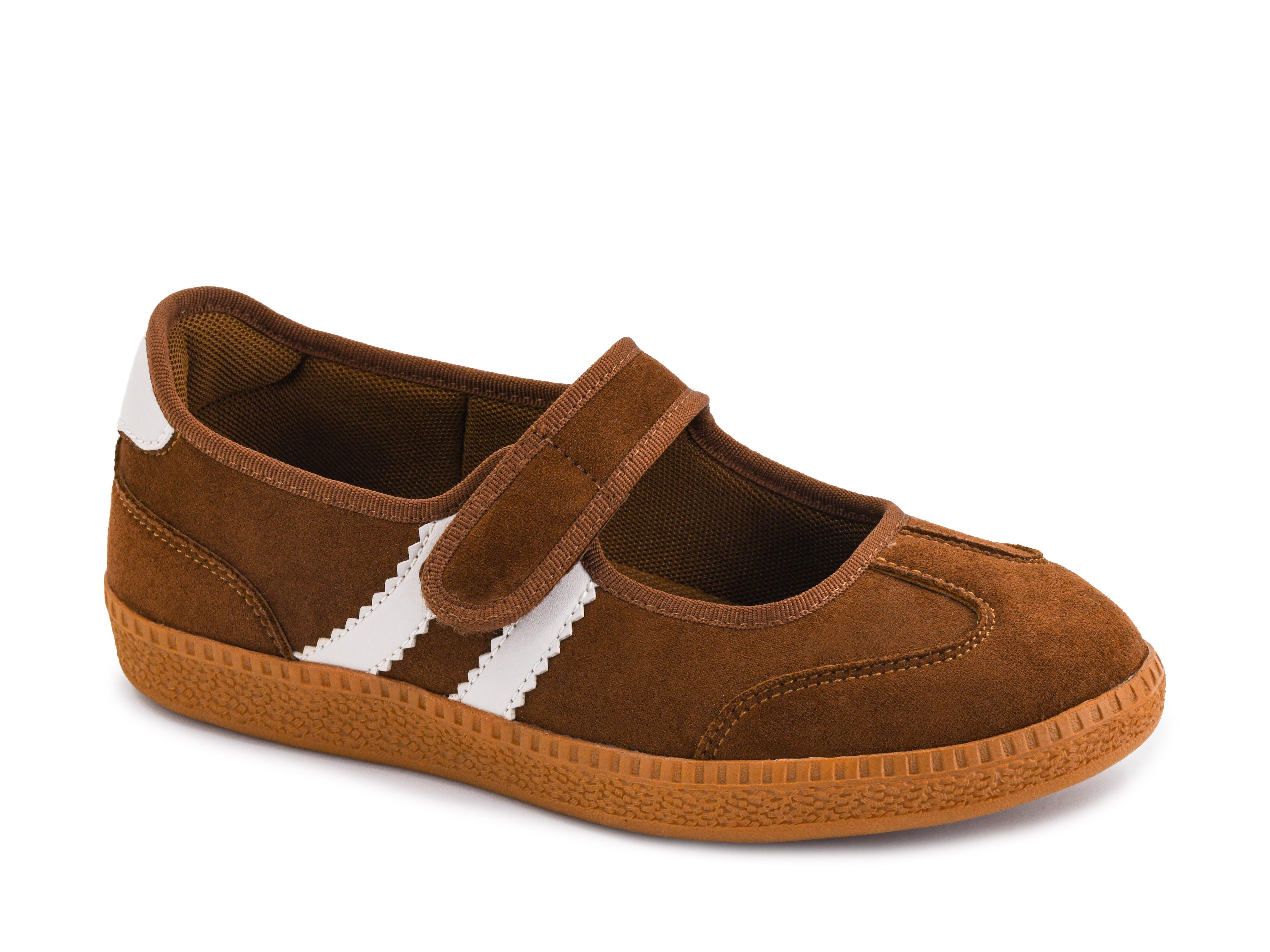 Corky's Calm Down Maryjane Sneaker in chestnut brown suede with cream stripe and velcro strap at ooh la la! in Grapevine TX 76051