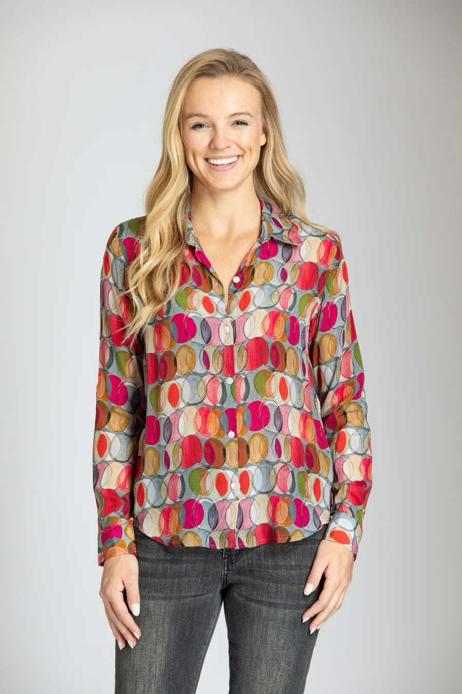 APNY Overlapping Red Circles Print Button Front Blouse at ooh la la! in Grapevine TX 76051