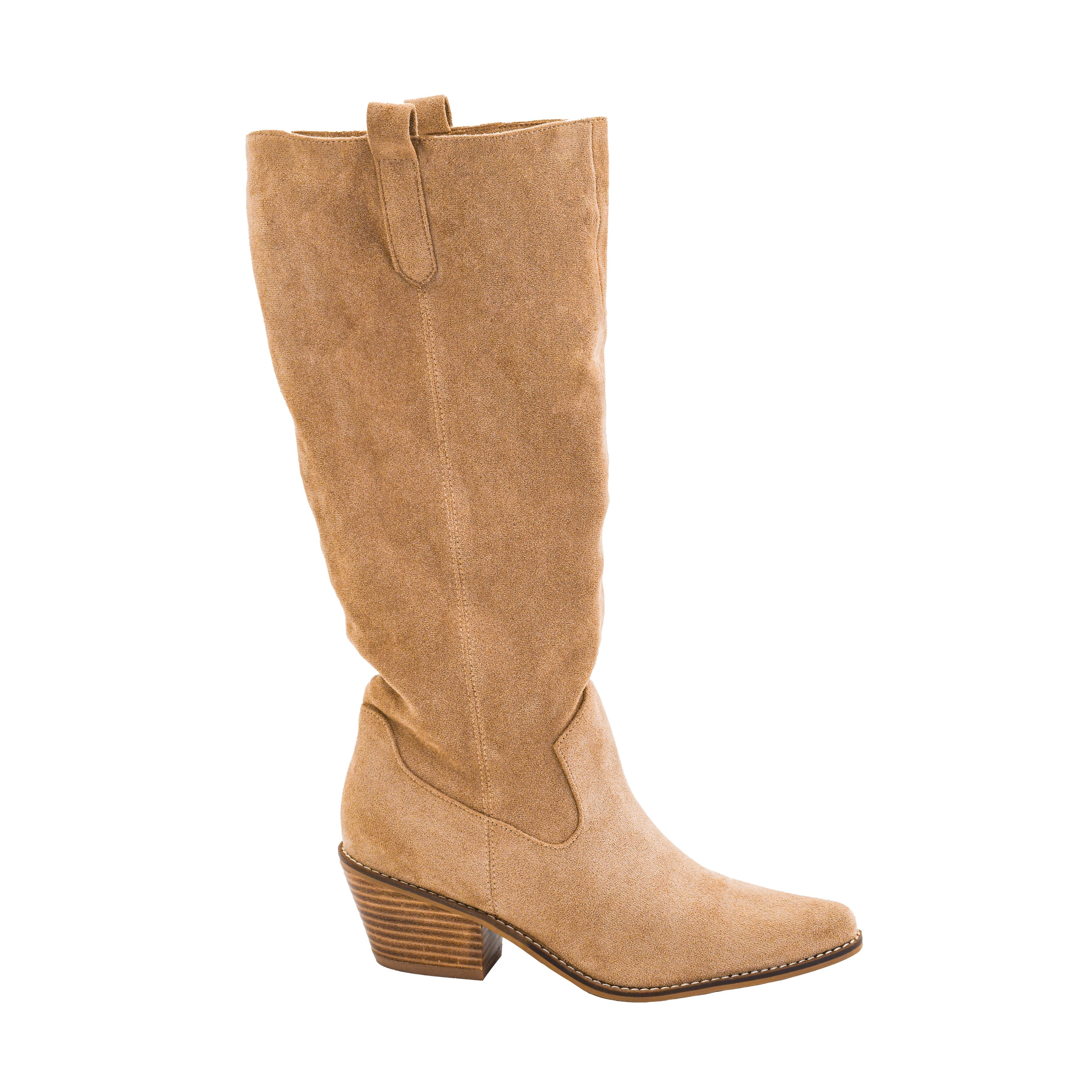 Corky's City Slicker knee-high sand faux suede western boot with stacked heel