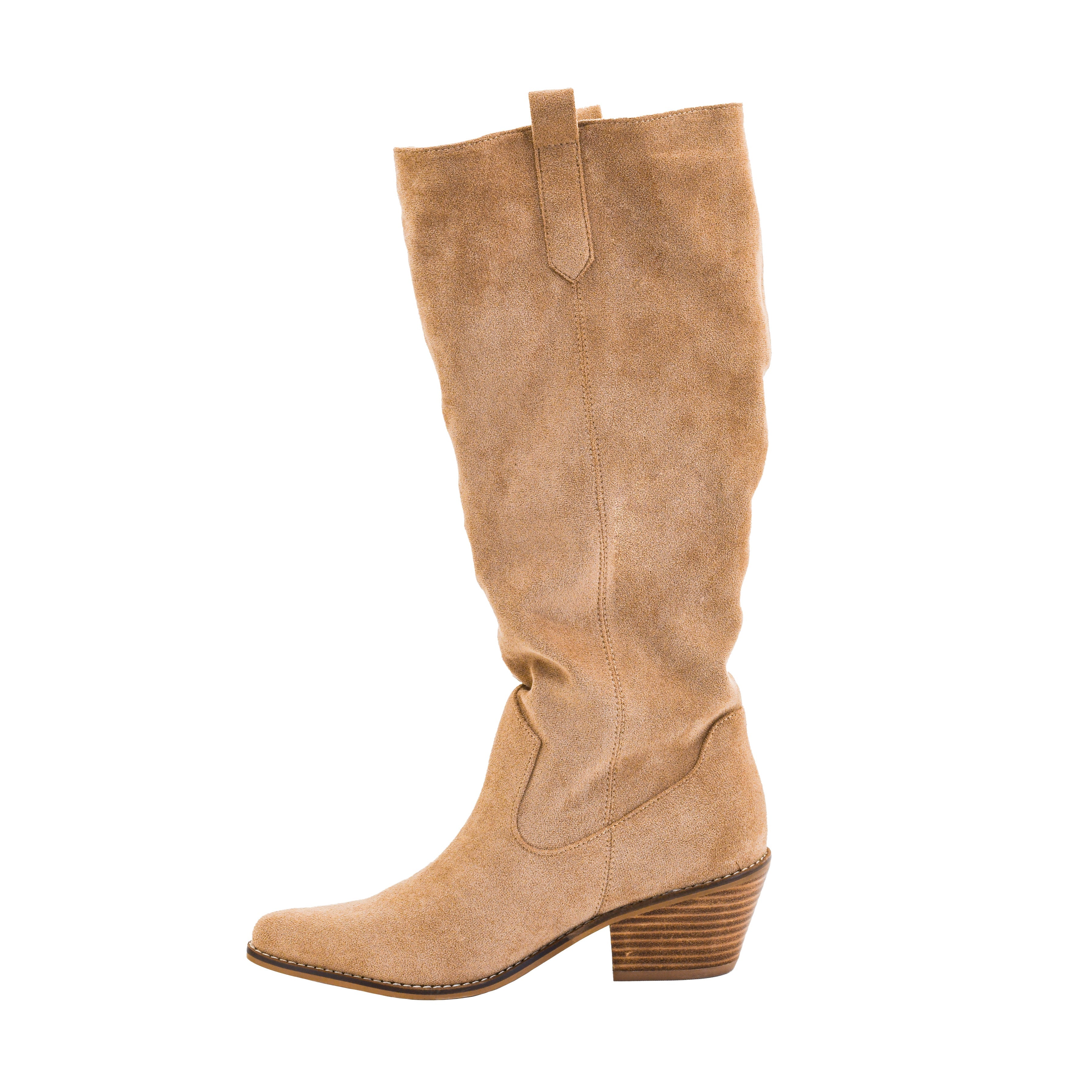 Corky's City Slicker knee-high faux suede boots in sand tan with stacked heel